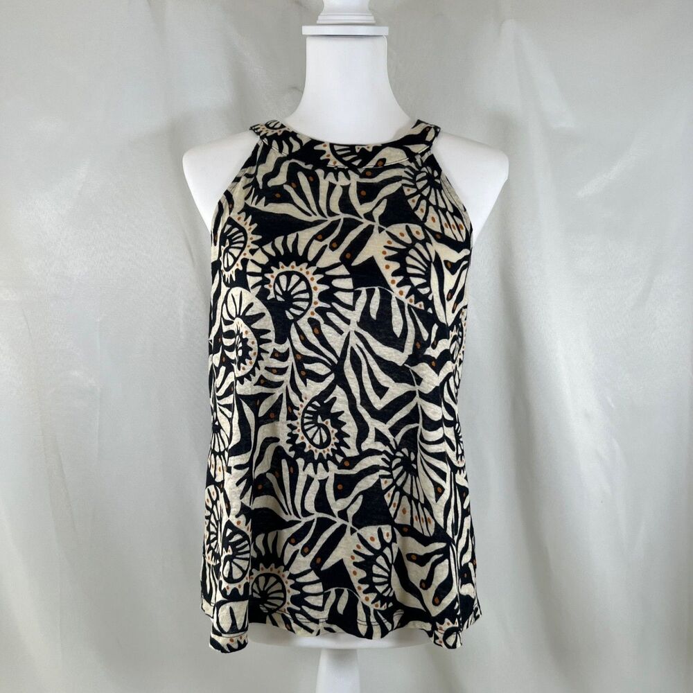 Nicole Miller 100% Linen Halter Tank Top Abstract Shell Print Black Tan Large